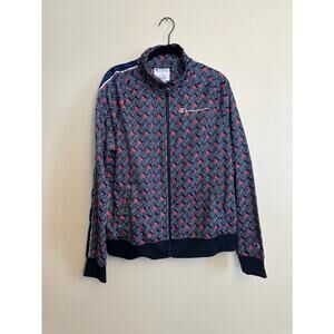 Champion Women’s Logo Print Track Jacket Stripe Sleeves Navy Red Size Large